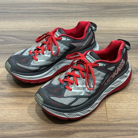 Hoka One One Stinson ATR 4 Running Sneaker in  Griffin/Asphalt Gray/Red - Size 8 - Picture 1 of 14